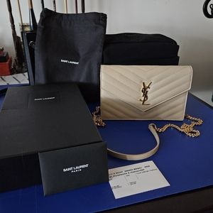 Yves Saint Laurent YSL envelope wallet on chain woc beige